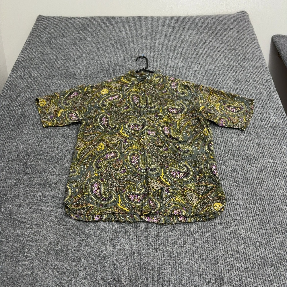 Vintage Surprise Shirt Mens M Green Silk Paisley Short Sleeve Button Up Retro